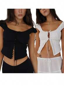 Womens Tank Tops Solid Color Sleeveless Sling Design Front Button Tie Cardigan Tank Tops - Black - View 6