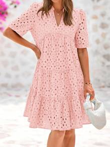 Women Summer Embroidery Eyelet  Short Dress V Neck Short Sleeve Hollow Out Lace Ruffle Tiered Flowy Mini Dress Solid White Casual Boho Bohemian Resort Beach Holiday Vacation Valentine Babydoll Mini Short Dress - 粉色 - 查看 5