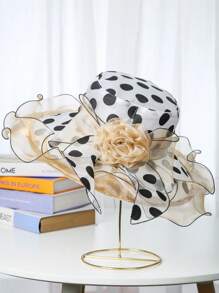 1 件女式欧根纱波尔卡圆点宽边帽，欧美波浪边沙滩帽，户外太阳帽，夏季教堂帽