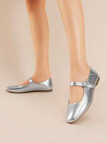 Women's Flats Square Toe Mary Jane Flats Comfortable Casual Slip On Dress Shoes Ballet Flats With Buckle Strap Business Casual Work Office Mary Jane Shoes - Silver - View 3