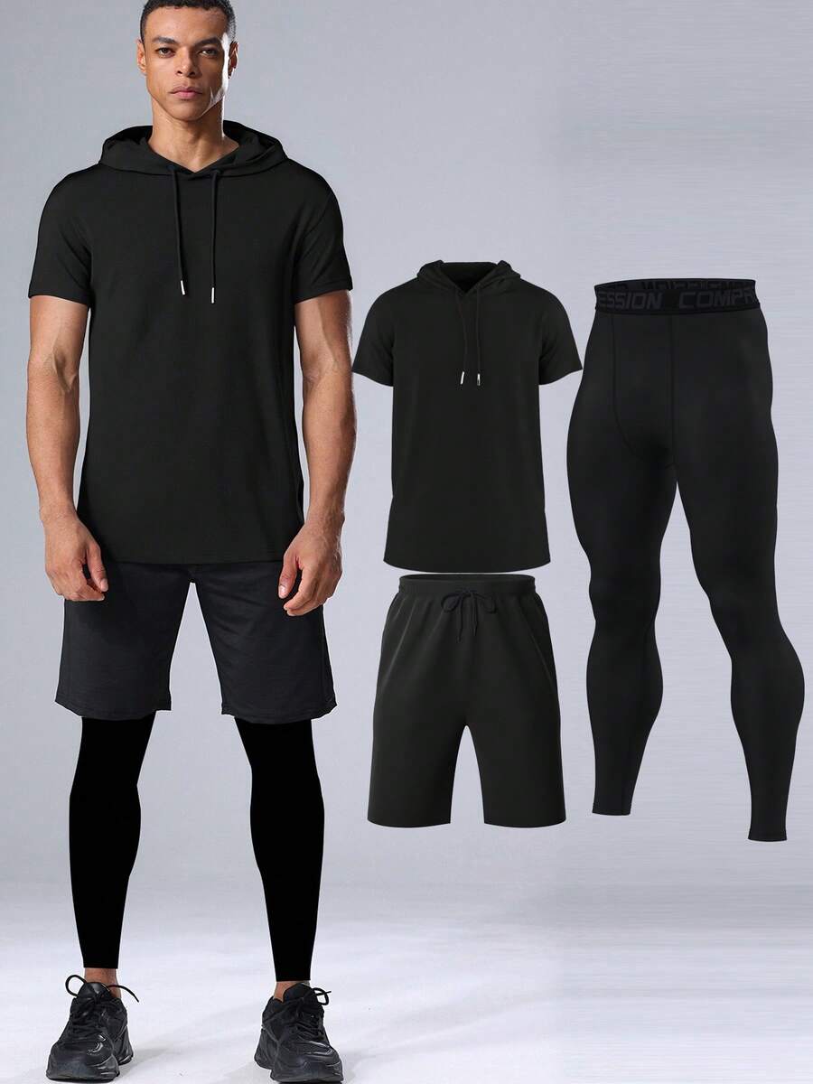 طقم رياضي للرجال مكون من 3 قطع - تي شيرت أكمام قصيرة، شورت كاجوال وبنطلون ضاغط - الأزرق - مشاهدة 1