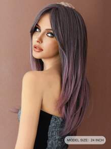 NICKY WALL Ombre Pink-Purple Wigs Long Straight Layered Wig With Curtain Bangs Soft Natural Looking High Density Wig Synthetic Heat Resistant Fiber Wigs For Women & Girls Daily Party Four Seasons Use