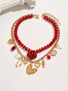 1pc Exaggerated Sexy Red Heart Resin Beaded, Natural Stone, Golden Bow, Baroque Faux Pearl, Star & Moon Pattern Heart Pendant Multilayer Necklace For Women. This Jewelry Can Showcase A Woman's Unique Style And Charm, Especially Suitable For Parties, Weddings, Holidays And Other Special Occasions. It Also Makes A Great Gift For Holidays. - Multicolor - View 12