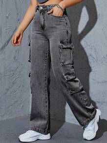 American Retro High Street Washed Workwear Jeans With Multiple Pockets For Men And Women, Loose Straight Leg Casual Pantsmujer Summer Outfits For Women Office Outfits For Women Boho Womens Clothing Pantalones Anchos De Mujer Pantalones Anchos De Mujer Classy Office Outfits For Women Boho Womens Clothing  Summer ,Country,Vintage Clothes Women,Low Rise Jean,Plus Size Women Clothes - 深灰色 - 查看 2