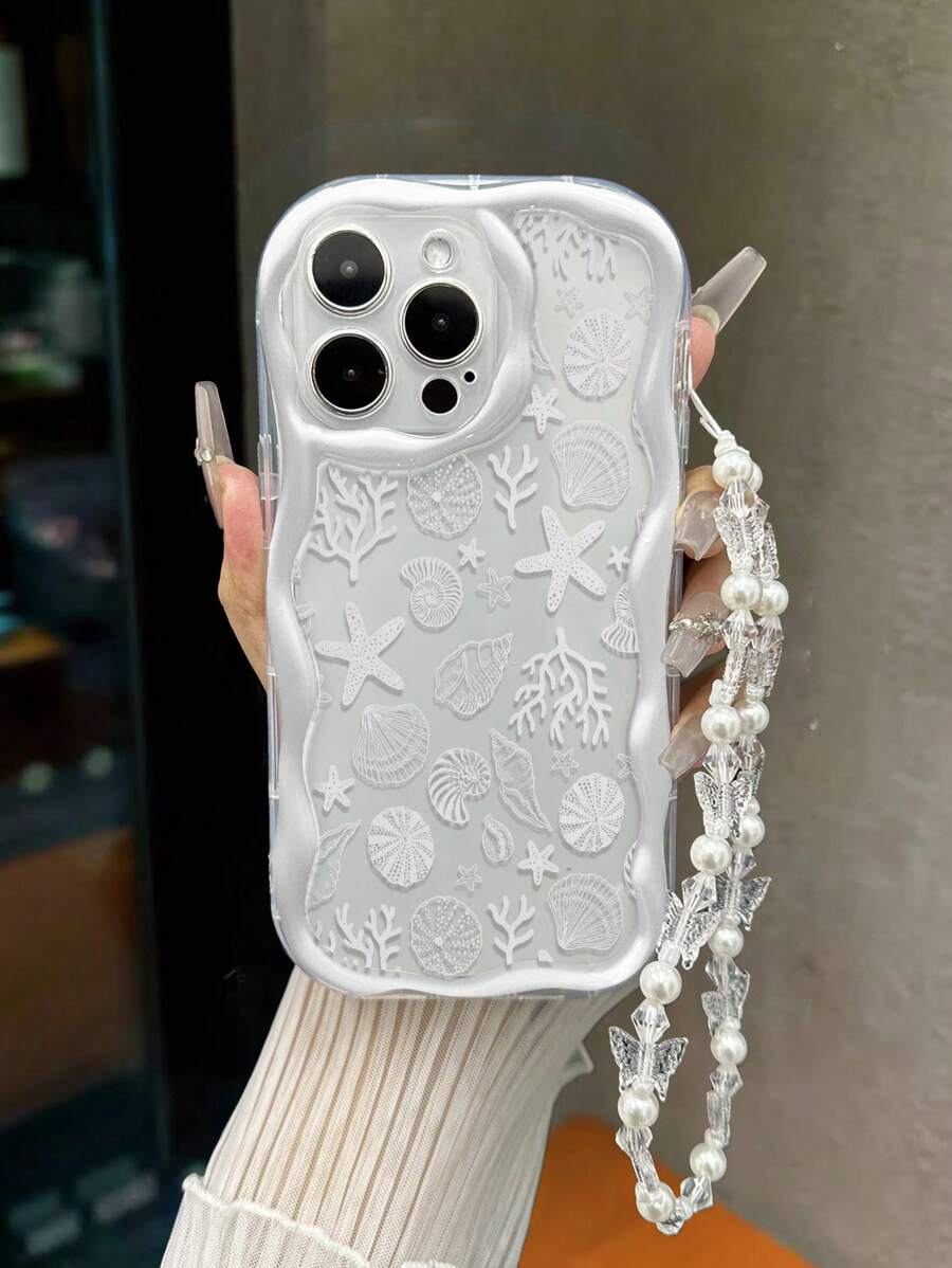 奶油色漩涡波浪边亮面海洋元素彩绘防摔手机壳，配手工串珠手链，兼容 XR/7/8、16/16Pro/16ProMax/15ProMax、13、14，兼容Galaxy，兼容Redmi Note 11/11 Lite，防水防震防刮，国际版，非国内版