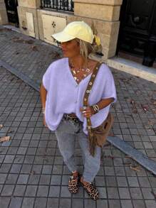 Summer New V-Neck Button Short Sleeved Ultra Loose Knitted Cardigan For Women's Casual Vacation Style With Large Shoulder Design Sweater Light Purple Solid Color Top,Summer Outfits For Women - 淡紫 - 查看 4