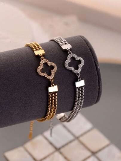 1pc Four Leaf Clover Zirconia 3-Layer Titanium Steel Bracelet, Versatile Lucky Charm, Suitable For Women Daily Wear And Holiday Gifts