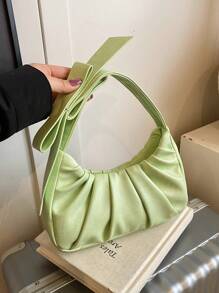 1pc Fashionable Green PU Pleated Cloud Shoulder Bag With Bow Decor, Simple & Elegant For Women