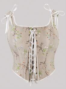 Koronkowy top z nadrukiem kwiatowym, kwadratowy dekolt, zabudowany biust, usztywniony gorset, góra, urodziny, przyjęcie, święta, damskie topy, moda, codzienny top Cami