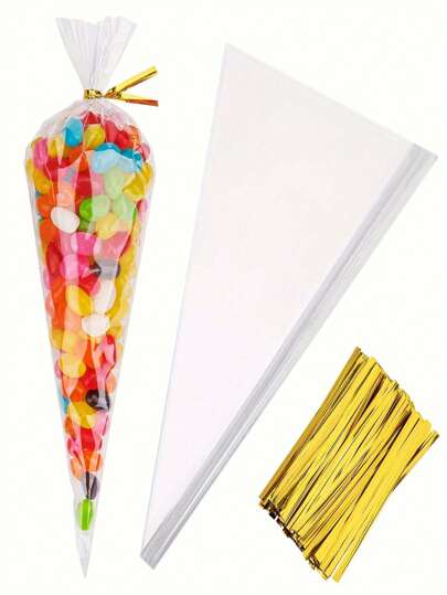 50/100/200pcs Clear Cone Cellophane Treat Bags With Golden Twist Ties - Perfect For Popcorn, Candy & Small Business Packaging