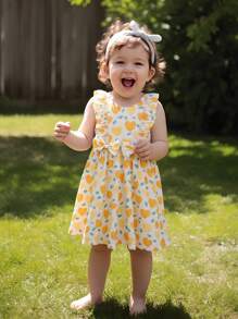 Baby Girls' Sweet Casual Ruffle Heart Bow Sleeveless Dress, Suitable For Beach Resort In Summer