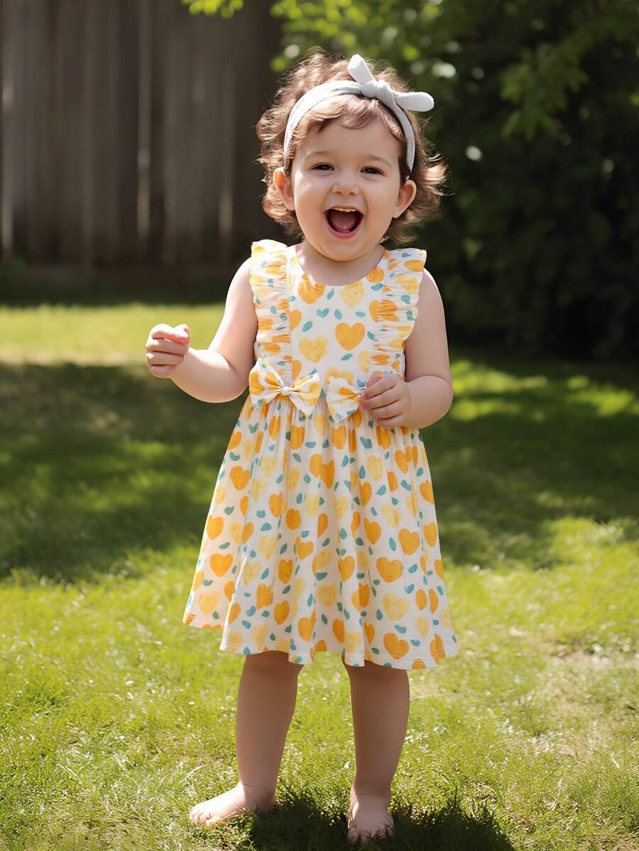 Baby Girls' Sweet Casual Ruffle Heart Bow Sleeveless Dress, Suitable For Beach Resort In Summer