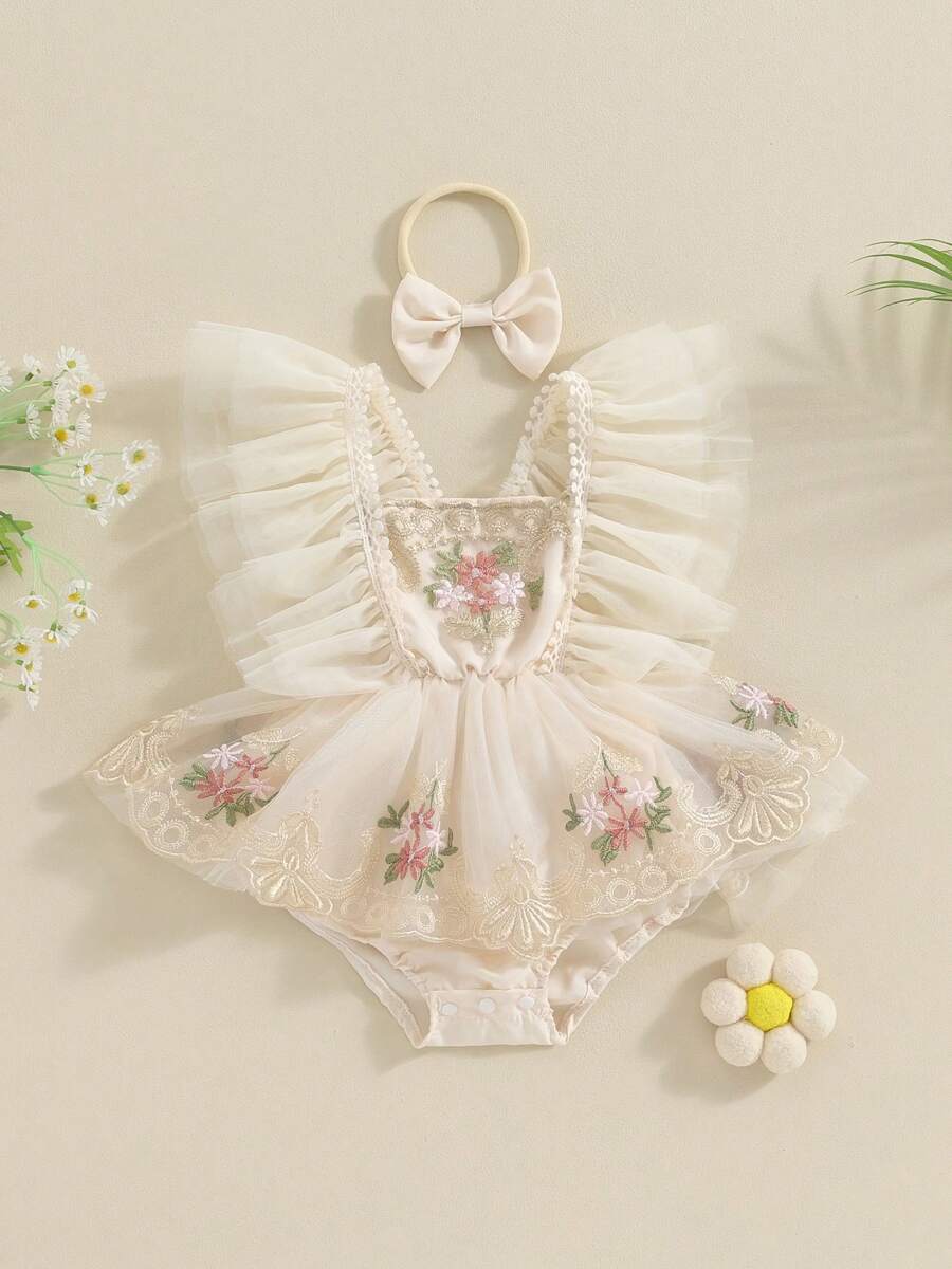 Newborn Baby Girl Princess Romper Dress Mesh Embroidery Tutu Skirt Jumpsuits One Piece Outfits - Màu be - Xem 1