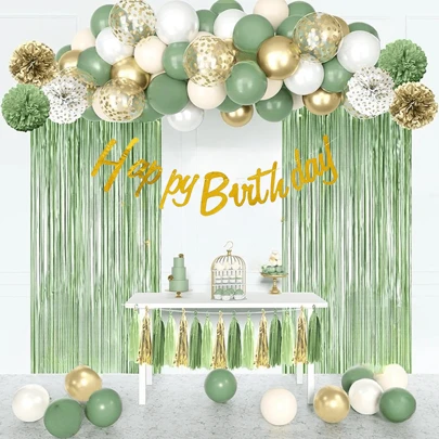 鼠尾草绿色生日派对装饰套装女士五彩纸屑绿金色气球生日快乐横幅流苏窗帘蝴蝶圆点流苏绒球第一个装饰 30 岁 40 岁 50 岁她