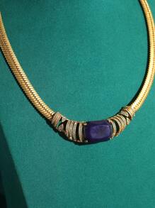 Vintage Kupfer-Optik 18K Geometrisch Quadratisch Natürlicher Lapislazuli Strass Schlangenknochen Halskette & Ohrring Schmuckset - Blau - Übersicht 10