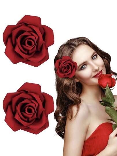 1 Set Of 2 Pcs, Large Satin Rose Flower Brooch Hair Clips, Suitable For Weddings, Parties, Formal Occasions, Women Floral Hair Accessories