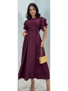 Duna Women's Long Midi Dress In Linen With Ruffle Sleeves And Belt - Burgundy - View 2