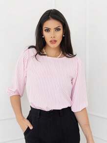 Women's Striped Blouse With 3/4 Sleeves, Crepe Fabric, New - 淺粉色 - 查看 1