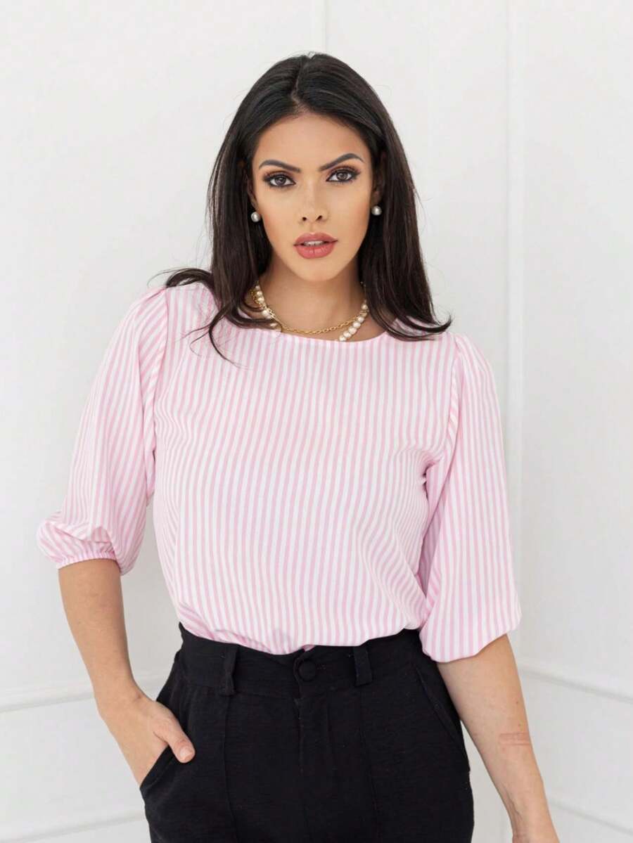Women's Striped Blouse With 3/4 Sleeves, Crepe Fabric, New - 淺粉色 - 查看 1