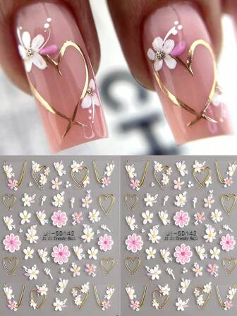 2 Pieces Of Spring And Summer Hot Stamping Flower Heart-Shaped Relief Nail Art Stickers - Gold, Pink, White Flowers, Hollow Heart-Shaped Flower Art Design, 5d Relief Technology, Suitable For Women's Disposable Self-Adhesive Back Adhesive Nail Art Stickers, Spring And Summer Fresh And Simple Hot Stamping Flower Theme Style, Easy To Stick Nail Decoration Stickers