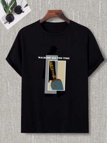 Men's Casual Slogan Print Round Neck Short Sleeve T-Shirt, Summer - Black - View 2