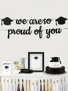 Birrete de graduación doctoral negro con pancarta "Estamos orgullosos de ti", decoración de fiesta adecuada para la temporada de graduación y la ceremonia de conmemoración - Negro - Ver 1