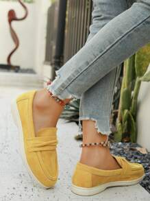 Women's Round Toe Suede Slip-On Fashion Loafer Flats, Oversized EU 2025, Spring/Summer New Arrival, Stylish Casual All-Match Daily Commute Slouchy Vintage Flat Soft Bottom Non-Slip Moccasin Shoes - Yellow - View 5