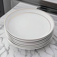 8-Inch Handpainted Gold-Lined, New Design, Gold-Rimmed Ceramic Round Plate, Nordic Style, Minimalist Steak Plate, Fruit Plate, Dessert Plate, Appetizer Plate, Serving Dish, Kitchen Dining Utensil
