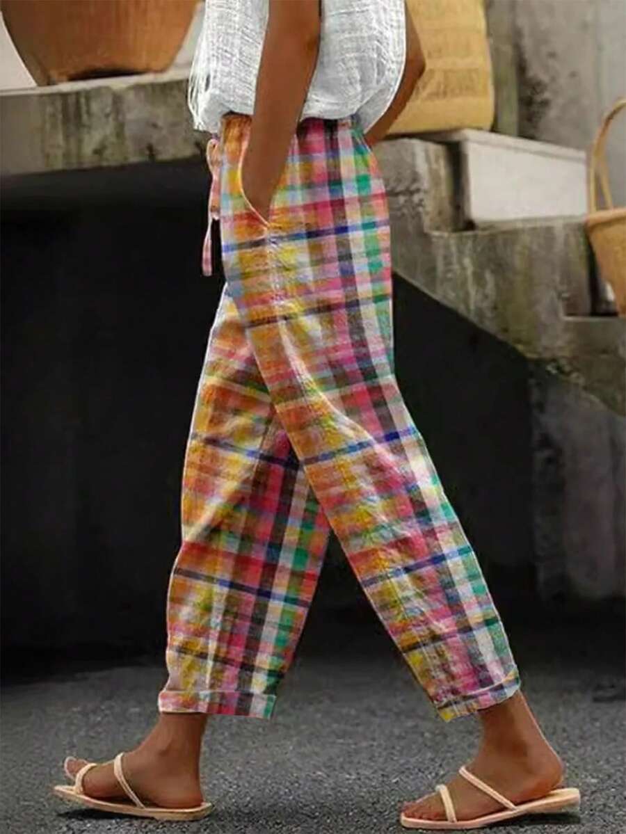 Jisfaneya Plus Size Non-Fitted Printed Elastic Waist Drawstring Plaid Pattern Straight-Leg Woven Fabric Multi-Color Pants Vacation Casual Travel Spring/Summer Straight-Leg Pants - Multicolor - View 1