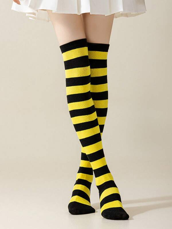 Yellow Black & Purple Black Striped Thigh High Socks For Cosplay Women
