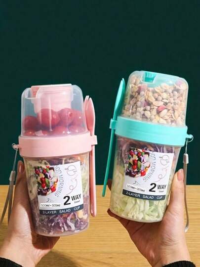1pc Breakfast Salad Cup Breakfast Food Container Jar, Portable Fruit And Vegetable Light Food With Fork Cover Yogurt Cup Slimming Cup Portable Water Cup For School Office ,Kitchen,Christmas Gift. Back To School,School Supplies