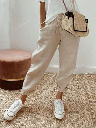 Damen einfarbige elegante bequeme Hose mit elastischem Bund, Kordel, Taschen, für Strand, Urlaub, Pendeln, Büro, Zuhause, gerade geschnitten, Lässig, Frühling/Sommer/Herbst
