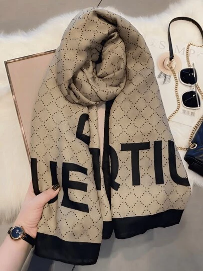 1条男女通用字母印花保暖围巾，多功能亚麻长围巾/披肩，适合秋冬季女士披肩