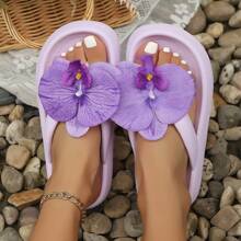 New Summer Women Thick Sole Flip Flops, Fancy Orchid Flower Decor Casual Flip Flops For Holiday Travel Beach Party, Soft Thick Non-Slip Home House Slipper, Plus Size