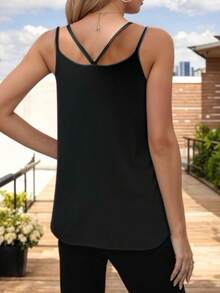 Women's Basic Blouse With Crossed Straps And V-Neckline - Black - View 2