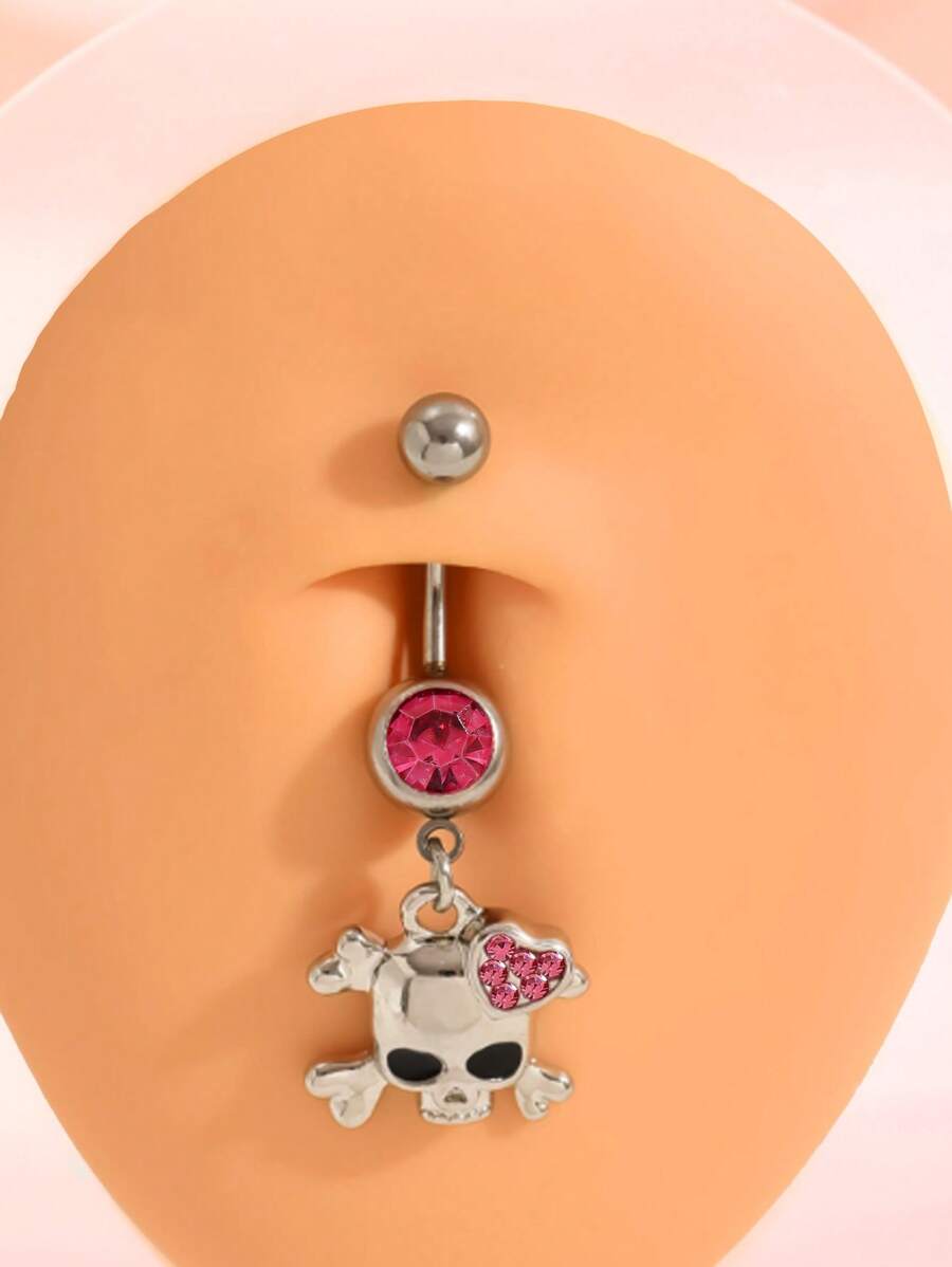 1pc Stainless Steel Rhinestone Skull Navel Ring, Suitable For Daily Wear, Music Festivals, Halloween
