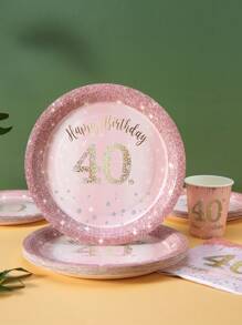 粉色背景金色水钻“40 岁生日快乐”一次性盘子、餐巾、杯子 - 适合 25 位客人的生日派对用品，一次性纸盘餐具套装适合生日、婚礼、派对、家庭野餐