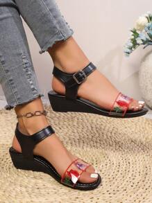 Sandalias de mujer con suela gruesa y punta abierta de estilo informal y elegante, versátiles para uso en exteriores durante el verano, con estampado de leopardo, tacón de cuña estilo romano y diseño de hebilla que no cansa, ideales para citas y reuniones