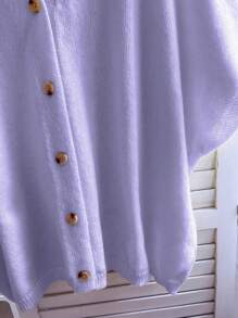 Summer New V-Neck Button Short Sleeved Ultra Loose Knitted Cardigan For Women's Casual Vacation Style With Large Shoulder Design Sweater Light Purple Solid Color Top,Summer Outfits For Women - 淡紫 - 查看 9