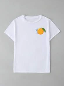 橙色印花圆领T恤 短袖休闲女T恤 白色水果T恤 宽松舒适短袖 水果爱好者 适合春夏季节 适合海边度假旅行和朋友聚会穿着玩乐 - 白色 - 查看 4