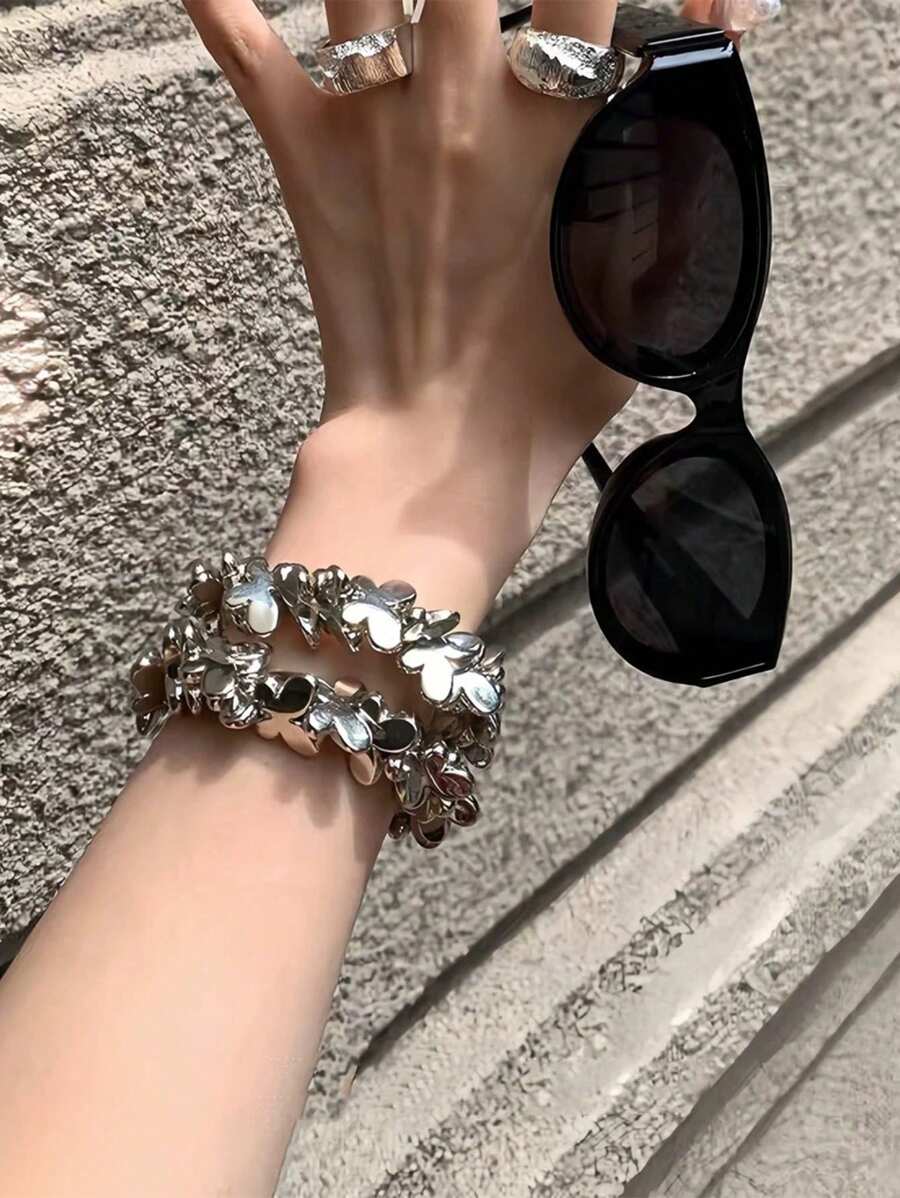 1 件银色蝴蝶手工串珠发绳复古链式手链脚链可爱银色弹力甜美女孩银色蝴蝶全绳手链可用作发饰 - 彩色 - 查看 1