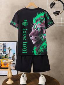 Teen/Youth Boys' 2pcs Casual Black Set - Round Neck Short Sleeve T-Shirt And Shorts With 3D Lion & Letter Print, Suitable For Street Wear, College Style - Black - View 4