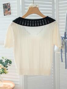 Cute Color Contrast Bow Collar Cardigan Knitted Sweater Top For Women, Summer