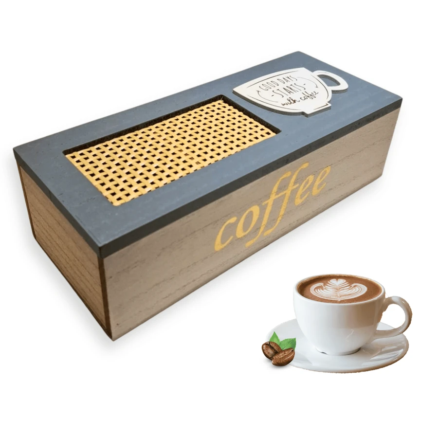 Tea/Coffee Organizer Box Wooden 3 Compartments Minimalist - Gray Box - View 1