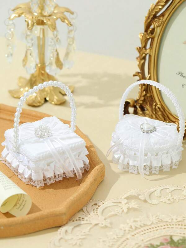 1PC Wedding Hand-Held Ring Box Lace Faux Pearl Ring Box Bow Small Flower Basket Flower Girl Hand-Held Heart-Shaped Ring Pillow Wedding Props