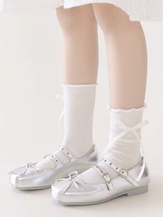 زوج من الجوارب العالية للفتيات بتفصيلة مزخرفة بالدانتيل واربطة فراشية، جوارب أميرة جميلة للأطفال والبنات الكبار، للربيع والصيف