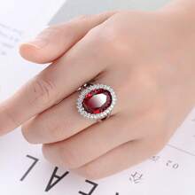 1pc Elegant Red Cubic Zirconia Oval Ring For Women, Wedding Jewelry Gift, Sparkling Jewelry For 2025 Wedding Season