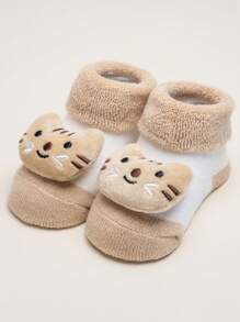 3 双防滑幼儿袜子，卡通图案防滑婴幼儿袜子，舒适透气柔软中筒袜，适合居家、日常穿着、派对、春秋季 - 卡其色 - 查看 9