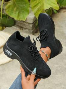 Women's Casual Breathable Shock-Absorbing Walking Shoes, Fashionable Wedge Thick-Soled Sneakers - Black - View 3