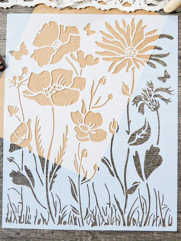 1pc Reusable Wildflower Stencil With Root & Leaves Pattern - Creamy White DIY Craft Template For Painting On Wood, Walls, Fabric, T-Shirts, Canvas - High-Quality Home Decor Art Supplies, Fabric Painting | Natureinspired Design | Versatile Crafting Tool, Stencils For Painting